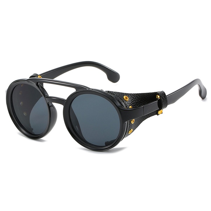 Ochelari de soare barbati, AFKSMILE, Ochelari de soare rotunzi Steampunk, Unisex pentru femei si barbati, Cu protectie laterala din piele, Protectie UV400, Tendinte in moda, Confort Ocular, PC, 145x48x140mm, Negru