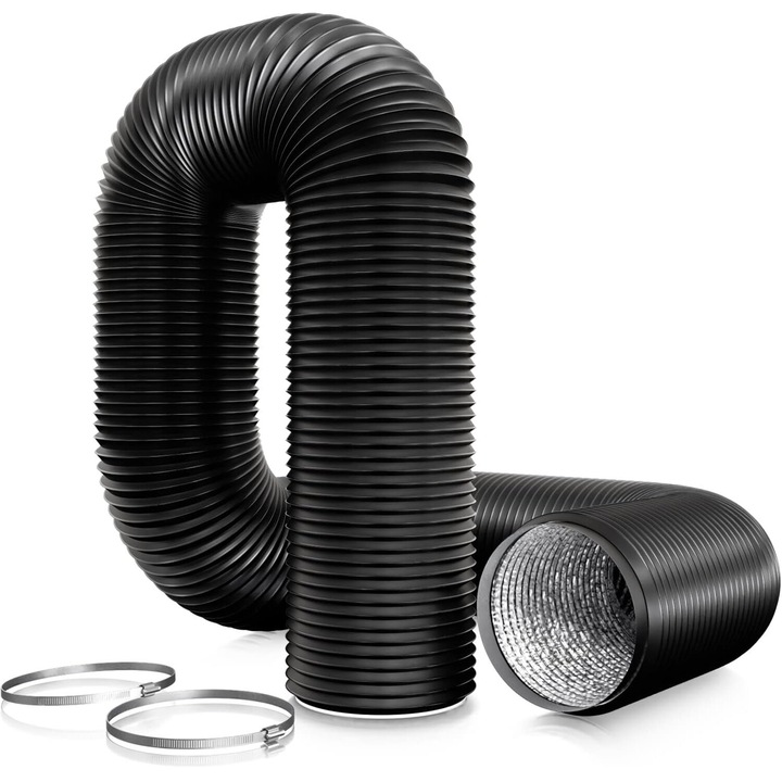 Furtun de evacuare din PVC, Bedee, Furtun de ventilatie din aluminiu de 3 metri, pentru aer conditionat mobil, uscator, ventilator de evacuare, hota, sistem de ventilatie, Negru