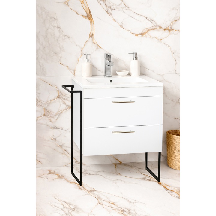 Set mobilier de baie KIT, baza si lavoar ceramica, BadenMob, Seria 067, cu Sertare, Cadru metalic, 60x89x46cm, Alb