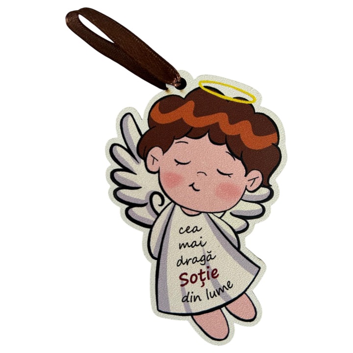 Ornament personalizat din lemn Model Ingeras Mesaj "Cea mai draga Sotie din lume" Dimensiuni 92 x 60 mm Panglica satinata inclusa