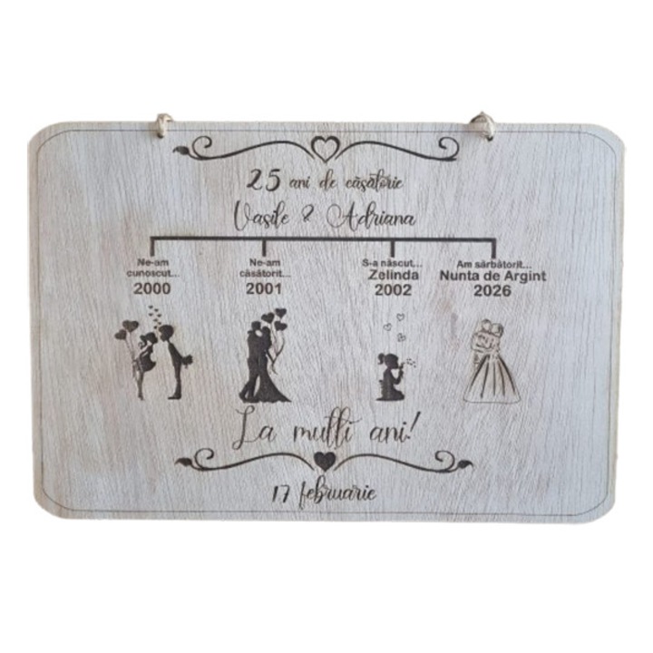 Cadou aniversare Nunta de Argint ArtemisGift, text personalizat, lemn natur, 30x20 cm