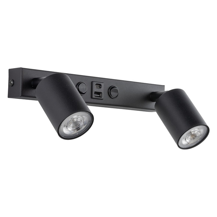 TK-Lighting Nex fekete fali lámpa 2xGU10 kapcsolóval és USB töltővel