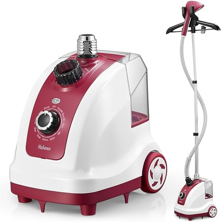 Yabano – aparat de calcat cu abur si steamer vertical, 1950 W, aparat profesional pentru haine, 40 g/min abur constant, 11 trepte de abur, rezervor de apa detasabil de 1, 35 L, timp de incalzire 10 secunde, steamer mobil cu suport