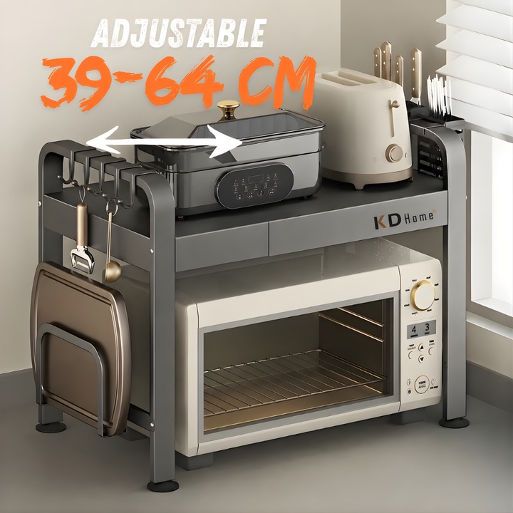 Raft Metalic Cuptor cu Microunde, KD Home® Micro Space, Ajustabil 39-64 cm, 5 Carlige, Suport Furculite si Cutite, Suport Tocator, Raft Organizator Extensibil, Pentru Bucatarie, Casa, Balcon, Etajera ajustabila cu 2 Niveluri, Usor de Instalat, Gri