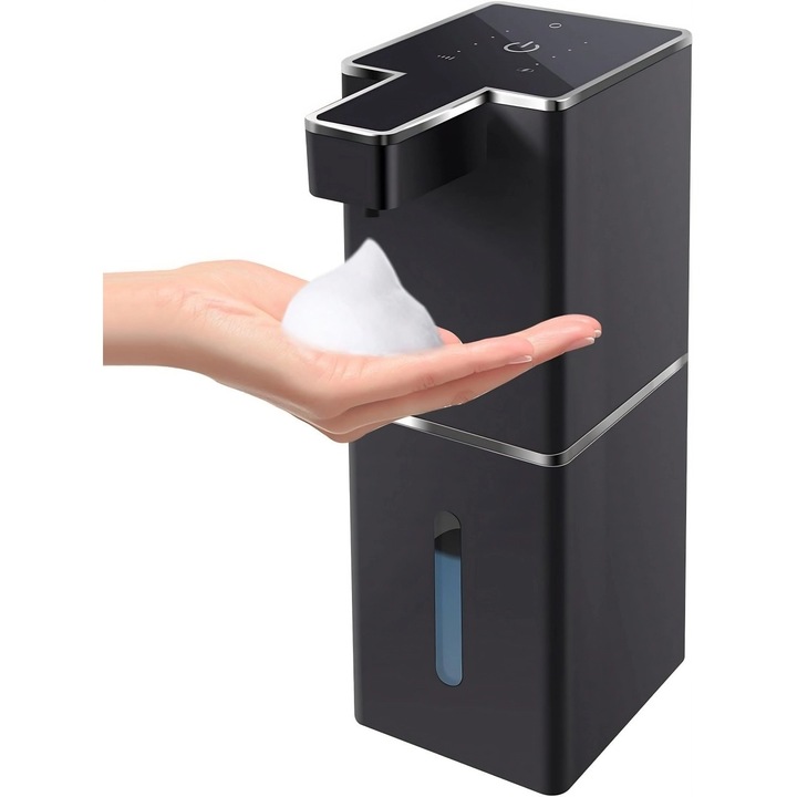 Automata habszappan adagoló, Automata szenzor, 380 ml kapacitás, 4 fokozatban állítható habszappan adagolás, Fürdőszobába, konyhába, mosogatószerhez, Fekete
