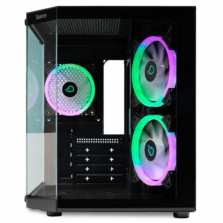 Carcasa Spacer – gaming, Mini Tower, mATX, „AQUARIUM”, fără sursa, sticlă securizată, 3 x ARGB fan, HUB, telecomanda, USB 3.0 x 1, USB Type-C x 1, HD-Audio, Jack 3.5mm x 1, PSU shroud, negru