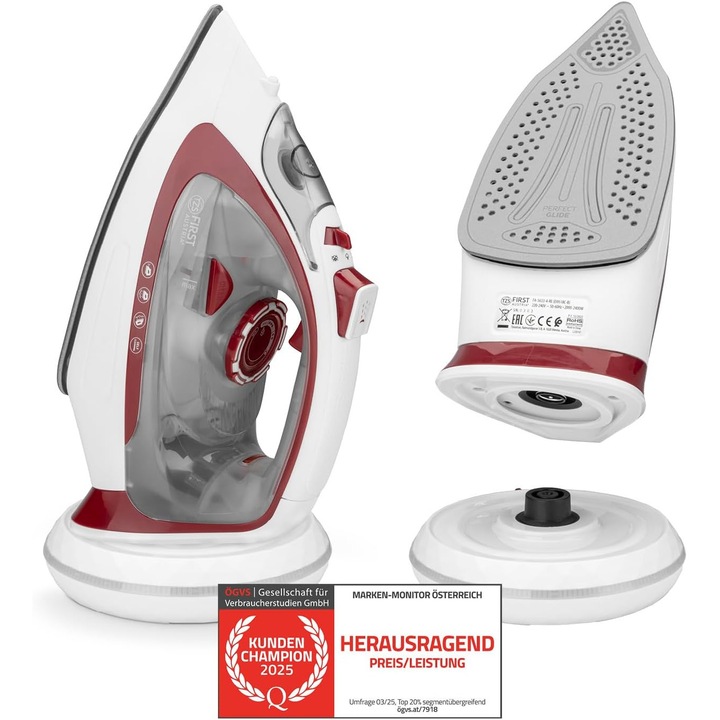 TZS First Austria – Fier de calcat cu abur wireless (cu statie), 2400 W – fier de calcat fara fir cu rezervor de 450 ml, sistem anti-picurare, temperatura reglabila, intensitate a aburului si talpa ceramica – cu functie de abur vertical