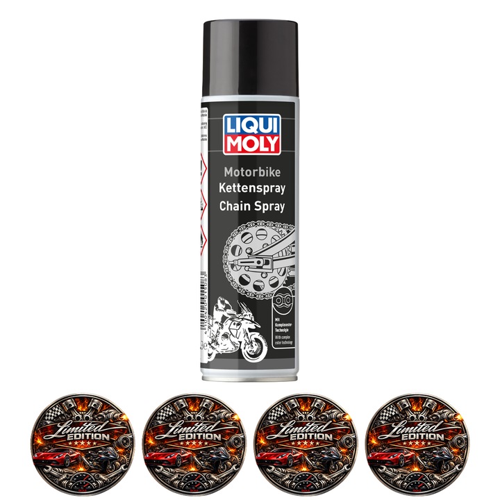 Spray lant moto LIQUI MOLY Motorbike Chain Spray, lubrifiant sintetic, protectie uzura si coroziune, pentru lant O/X, rezistent la apa si temperaturi extreme, 250ml, 4x Stickere auto
