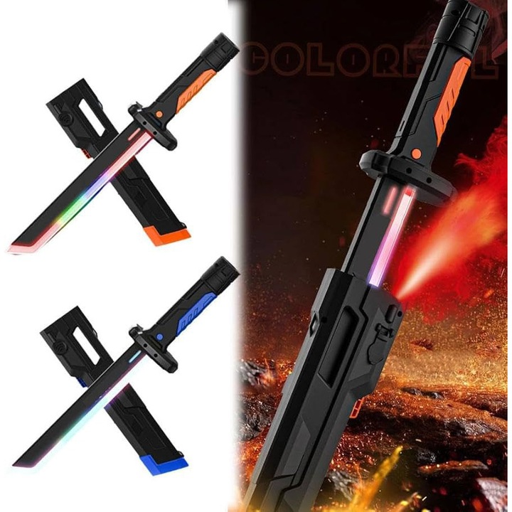 Интерактивна играчка сабя JPT, RGB светеща, с искрящ ефект, 50 см, синя и оранжева