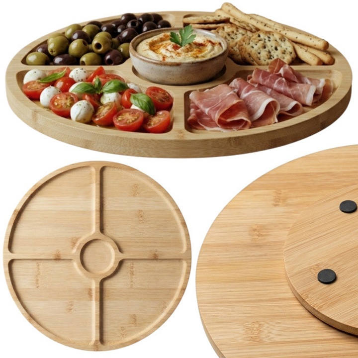 Tava rotunda rotativa pentru servirea gustarilor GIRO, Ø 33 cm, bambus