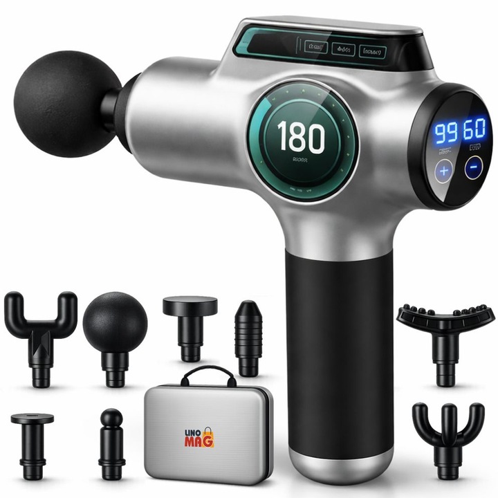 Професионален масажен пистолет Linomag, 8 сменяеми накрайника, 99 Скорости, 3200rpm, Дълготрайна батерия, 6 часа автономия, Тих мотор, Сензорен екран, Мускулно възстановяване и релаксация, Сребрист