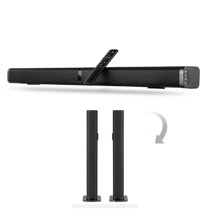 Boxa soundbar TV detasabila cu HDMI ARC, Sistem audio home theater Bluetooth 5.3, Design 2 in 1 pentru montare pe perete sau turn, Soundbar de 40W cu optic, AUX, USB si telecomanda, Negru, WALALLA