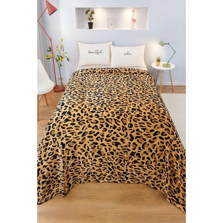 Patura Cocolino Premium 200x230 cm, Leopard, Groasa si Pufoasa, pentru Pat Dublu, Material Moale si Calduros