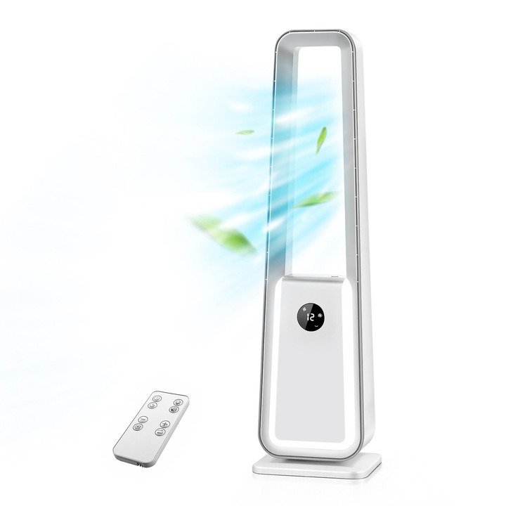 Laptalan toronyventilátor, Aiorber, 36W DC motor, 24 sebességfokozat, 75°-os oldalirányú oszcilláció, porfilterrel, távirányítóval/érintőképernyővel vezérelhető, 12H időzítő, fehér