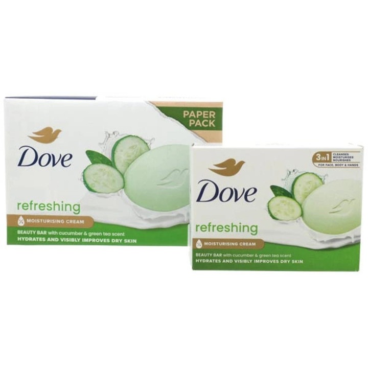 Пакет 2 твърди сапуна Dove Beauty Bar Краставица и Зелен чай, 2 x 90 г, Сапунът с краставица и зелен чай предлага деликатно почистване и свеж аромат