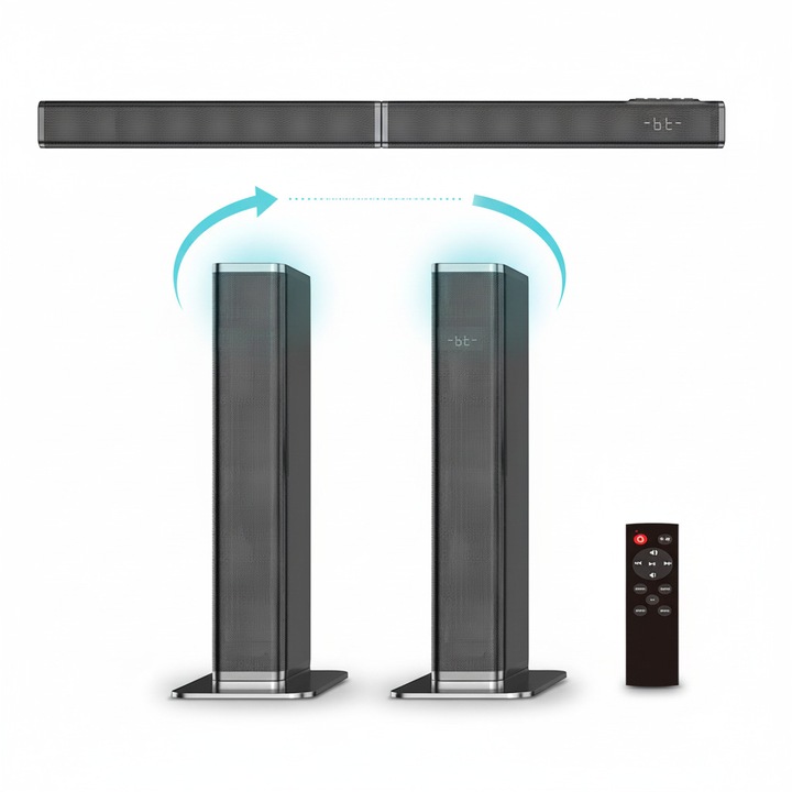 Soundbar TV detasabila 3 in 1 cu subwoofer 80W, Boxa home theater cu bas profund si sunet surround stereo, Bluetooth 5.3, HDMI ARC, optic, AUX si USB, Telecomanda, Negru, WALALLA
