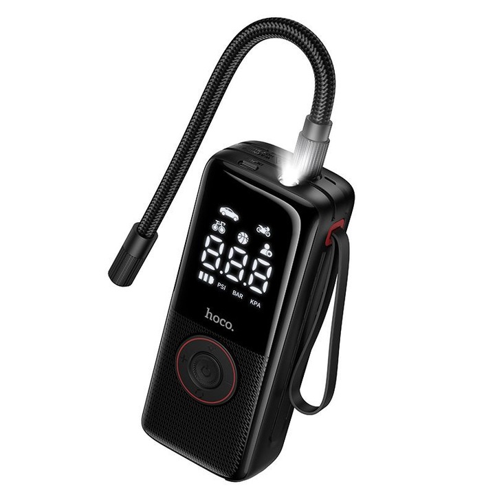 Hordozható elektromos kerékpumpa kompresszor 150 PSI / 10.3 bar, 4000 mAh, digitális kijelző, LED lámpa, Hoco ZP18