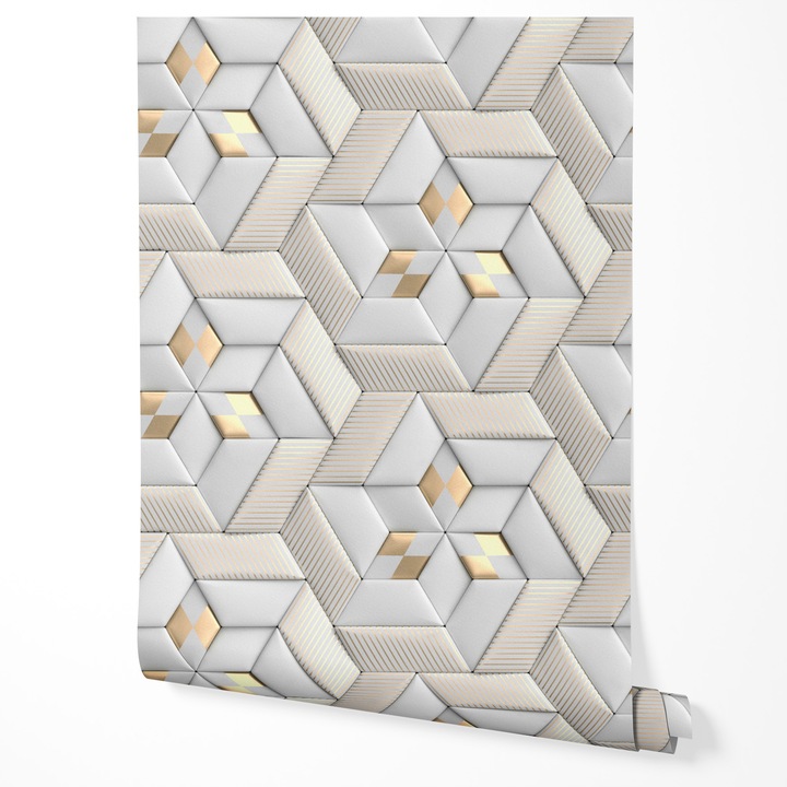 Öntapadós tapéta bútorfólia 3D hatással, arany-fehér figurák, ekrü, hálószobába, nappaliba, 50x500 cm