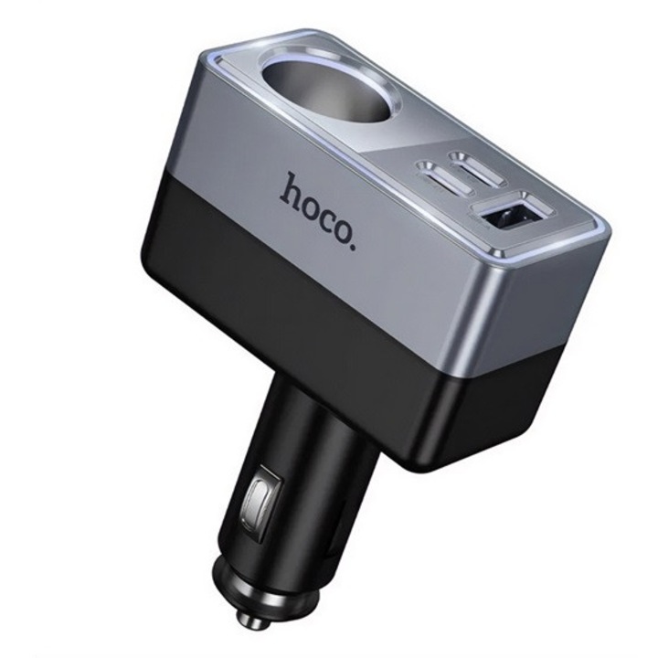 Hoco z65a szivargyújtó adapter, elosztó, szivargyújtó+usb+2 type-c aljzat, 165w, pd gyorstöltés 3.0, fekete