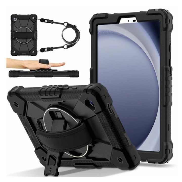 Gigapack defender műanyag tabletvédő, ütésállóság, kitámasztó, 360° + kézpánt, fekete, kompatibilis: Samsung Tab A11 LTE / Tab A11 WIFI