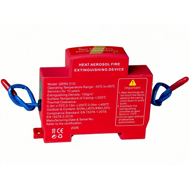 Dispozitiv autonom de stingere cu aerosoli pentru Tablouri Electrice，Dispozitiv automat de stingere a incendiilor cu aerosoli, activare rapida 5 secunde, montare pe sina DIN，montare cu adeziv，compact, fara intretinere, valabil pana la 10 ani，60 g, Rosu