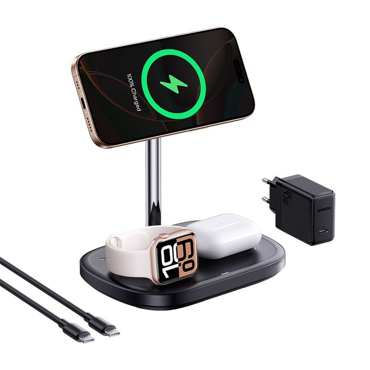 Suport auto 3-v-1 Baseus Stație de încărcare wireless magnetică Qi2 15W cu sistem de răcire activă, birou