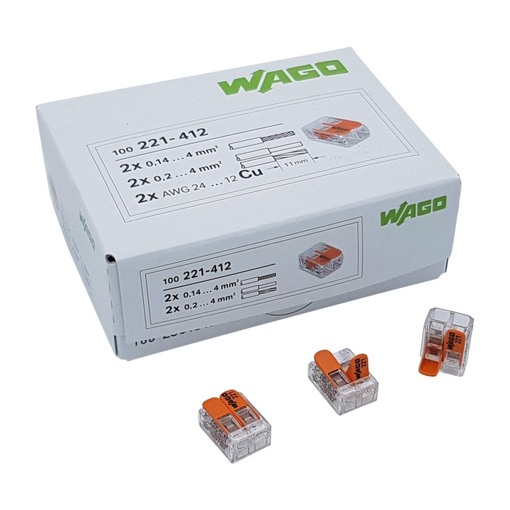WAGO 221-412 csatlakozó készlet, 100 db, 2-vezetékes, 0.2–4 mm², 32A, 450V, karos