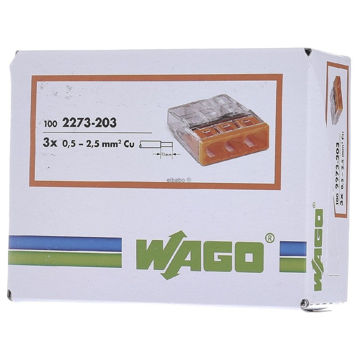 WAGO 2273-203 csatlakozó készlet, 100 db, 3-vezetékes, 0.5–2.5 mm², 24A, 450V, PUSH WIRE
