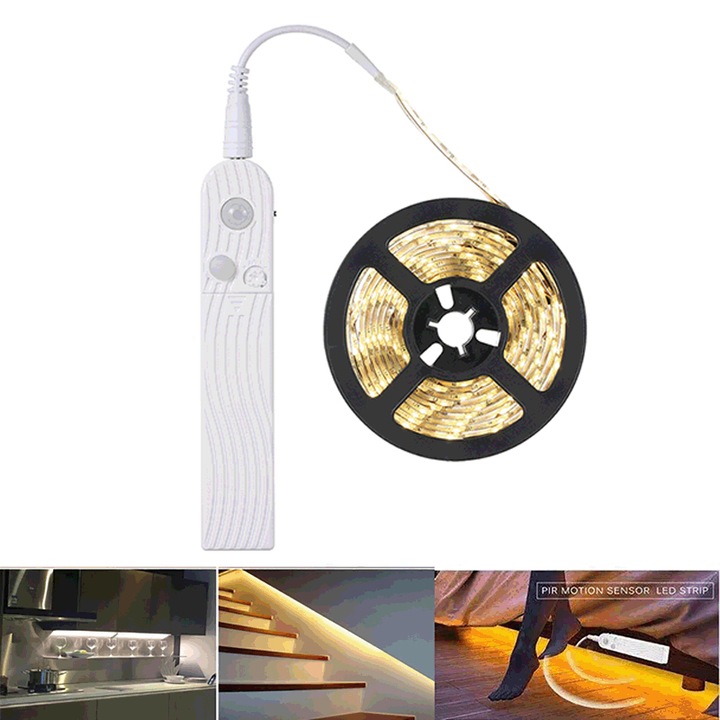 LED szalag mozgásérzékelővel és időzítővel, ZOUN, 3 m, elemes/USB tápellátás, IP20, meleg fehér
