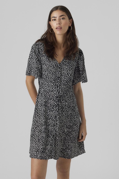 Vero Moda, Rochie mini cu decolteu in V, Alb/Negru stins