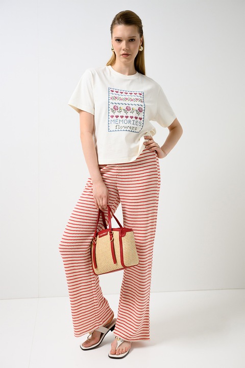 Vero Moda, Pantaloni tricotati in dungi, Coral, Crem, M