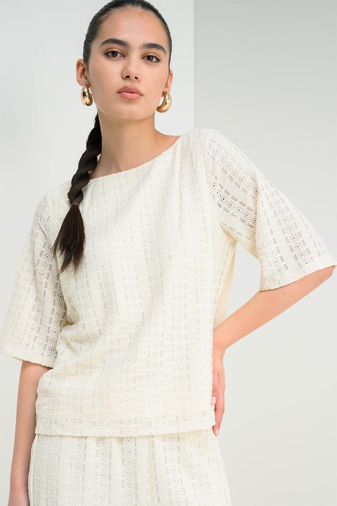 Vero Moda, Bluza cu broderie si decolteu barcuta, Crem