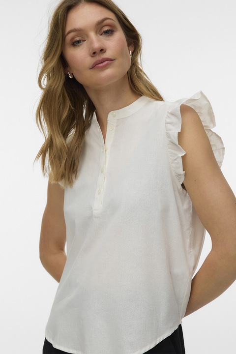 Vero Moda, Bluza de bumbac organic si in cu volane, fara maneci, Alb