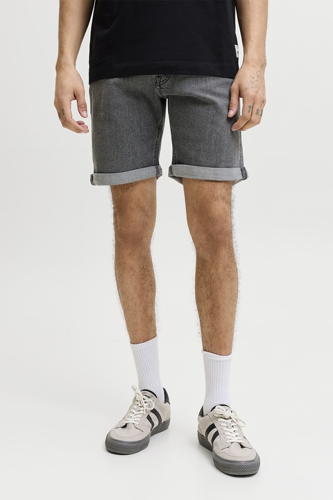 Jack & Jones, Blugi scurti cu talie medie si buzunare, Gri inchis melange
