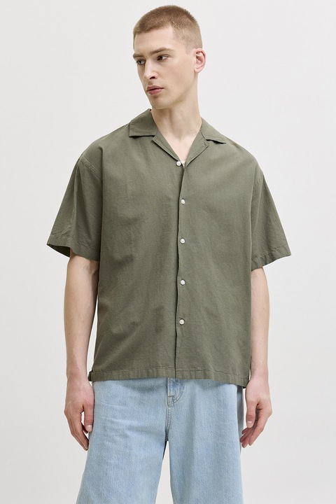 Jack & Jones, Rövid ujjú kényelmes fazonú lentartalmú ing, Khaki
