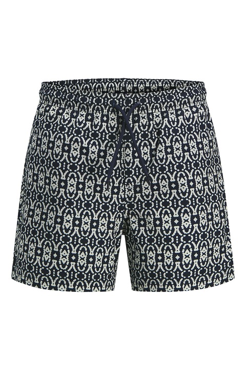 Jack & Jones, Плувни шорти с връзка с фигурален принт, Бял/Тъмносин
