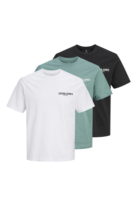 Jack & Jones, Set de tricouri din bumbac organic cu imprimeu logo - 3 piese, Alb/Negru/Verde menta