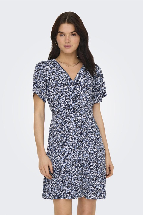 Only, Rochie cu imprimeu floral si decolteu in V Evida, Albastru prafuit/Alb murdar