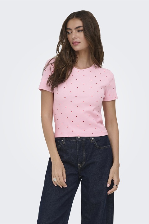 Only, Tricou crop din amestec de bumbac organic cu imprimeu, Rosu/Roz deschis