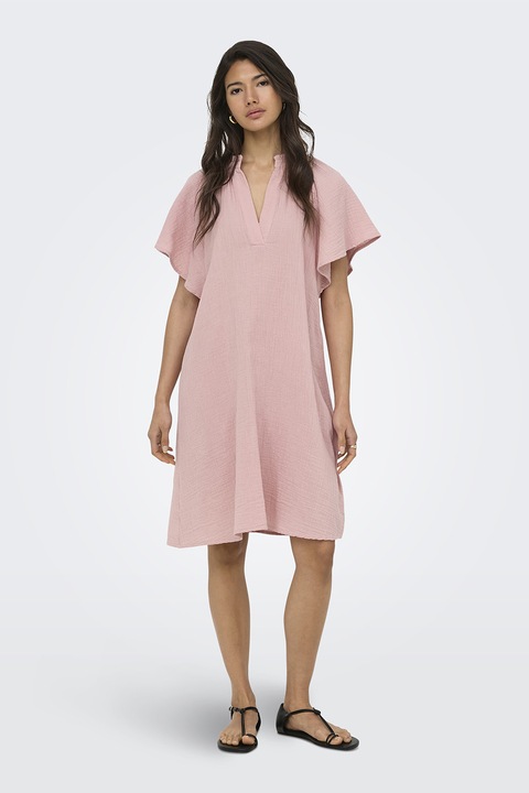 Only, Rochie din bumbac cu maneci cu volane, Roz pal
