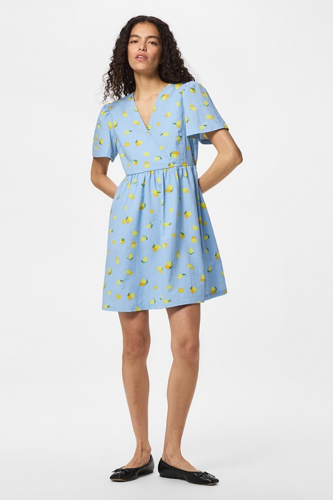 Pieces, Rochie cu decolteu in V si model cu fructe, Albastru pastel