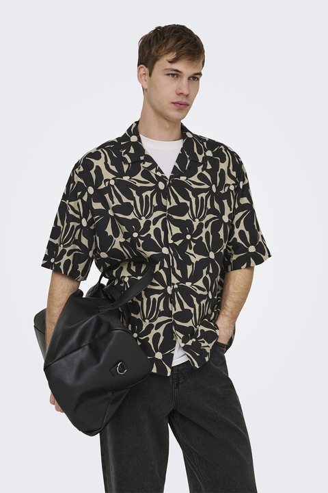 Only & Sons, Rövid ujjú lentartalmú ing, Fekete/Világos tópbarna