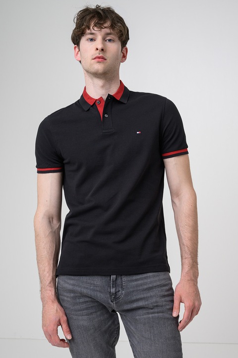 Tommy Hilfiger, Tricou regular-fit cu guler polo, din amestec de bumbac organic, Negru