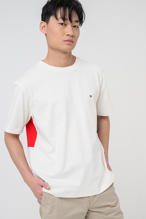 Tommy Hilfiger, Tricou cu decolteu la baza gatului si imprimeu logo pe partea din spate, Rosu/Alb murdar