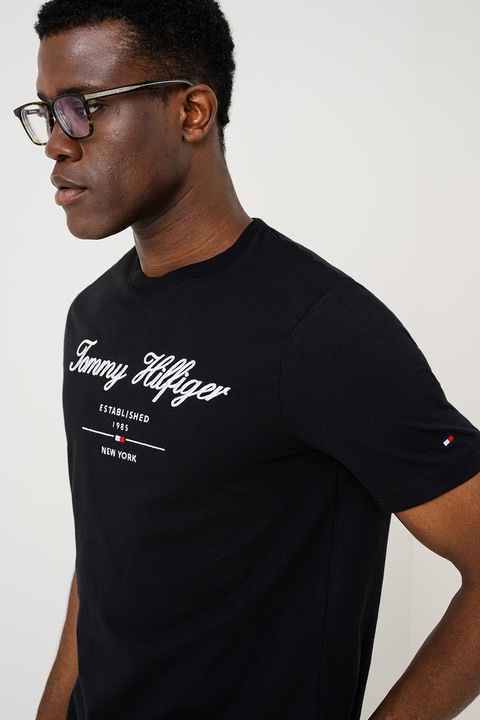 Tommy Hilfiger, Tricou cu decolteu la baza gatului cu logo, Alb/Negru