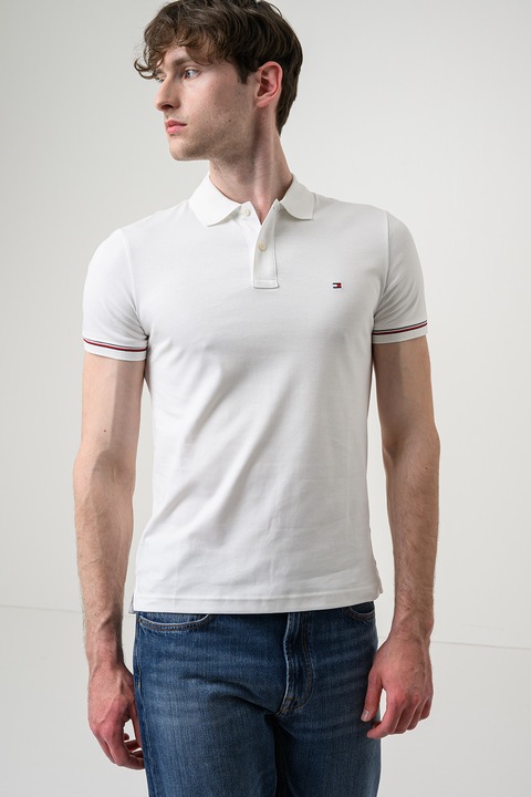 Tommy Hilfiger, Tricou polo slim fit cu logo brodat, Alb murdar