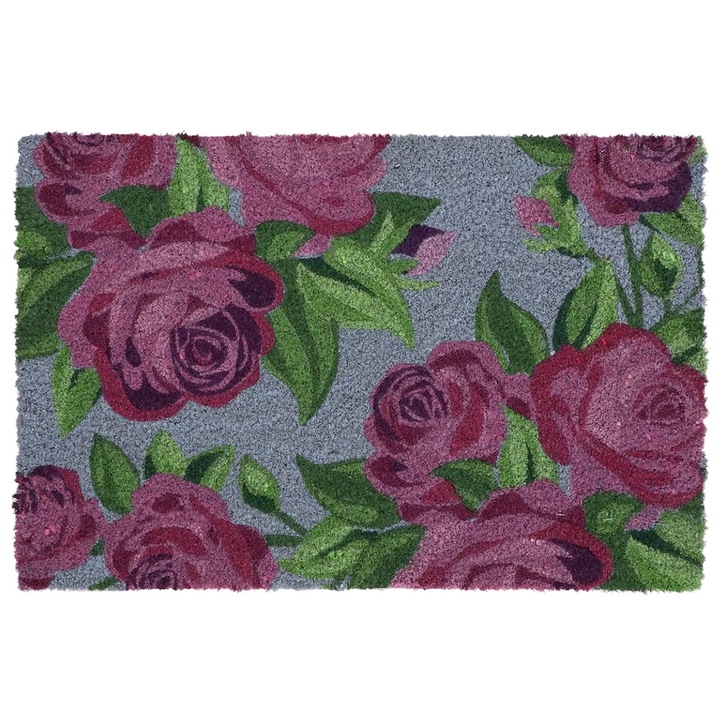 Előszoba szőnyeg, Esschert Design, Virágmintás, Természetes kókuszrostból, 60x40 cm méretű, Hatékonyan tartja vissza a szennyeződéseket, Csúszásmentes PVC alap, Időjárásálló szerkezet, Esztétikus és friss design, Szürke/Többszínű