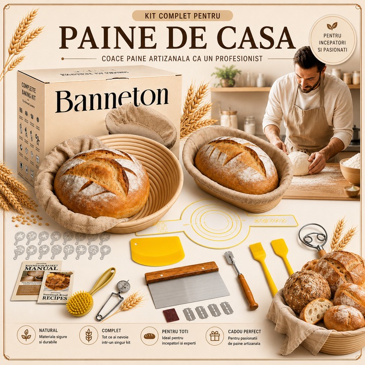 Set cosuri de fermentare pentru paine, Excitat®, 34 piese, cosuri de fermentare 9" rotunde si 10" ovale, cum ar fi garnituri pentru patiserie, spatule, Durabil, usor de curatat, Lavabile, potrivit atat profesionala cat si amatoare