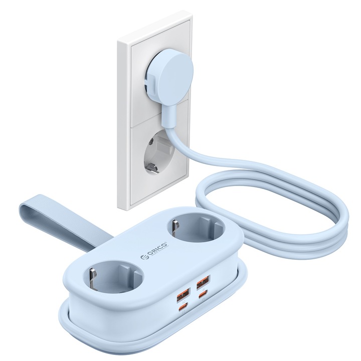 Разклонител за пътуване ORICO 65W, 6 в 1, 2 контакта, 4 USB порта, разглобяем кабел 1.6м, компактен, син