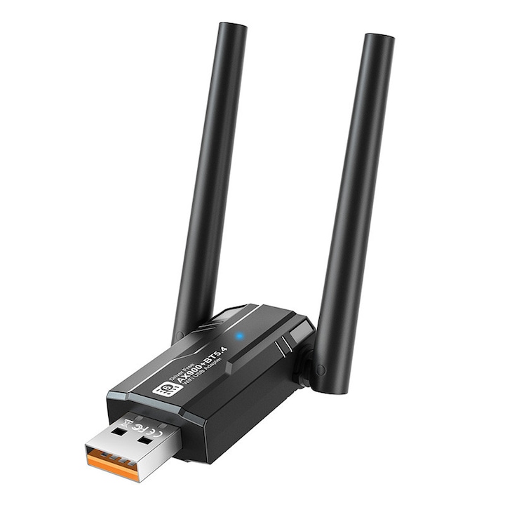 Vezeték nélküli adapter USB 2 az 1-ben WiFi 6 AX900, Rqiurpn, kettős antenna titkosítás, Bluetooth 5.4, Kétsávos 2.4GHz & 5.8GHz, 900Mbps, USB 3.0, 5dBi antennák, Fekete